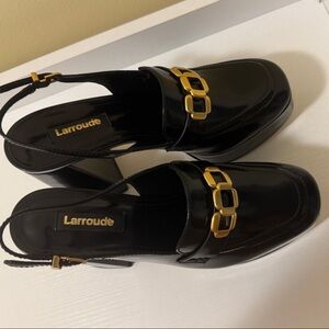 Larroude Black and Gold Heeled Loafers